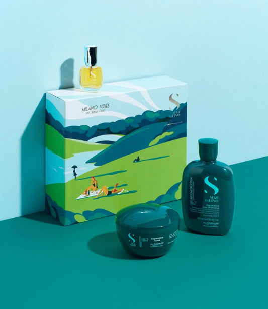 Hair care product set with a scenic box on a blue and green background