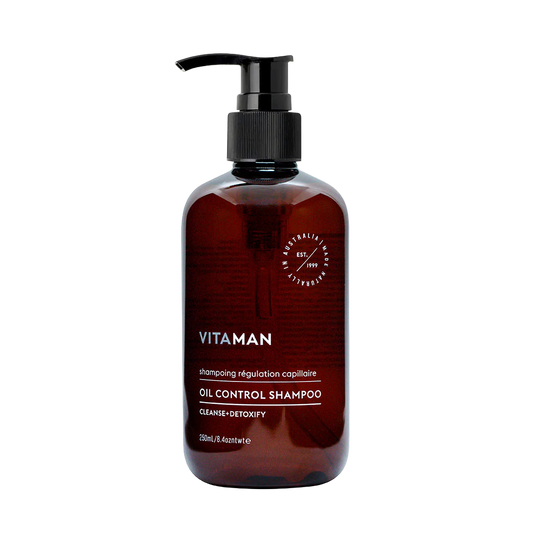 Brown shampoo bottle with pump labeled 'VITAMAN'