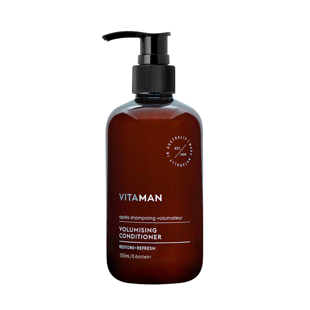 Brown conditioner bottle with pump labeled 'Vitaman