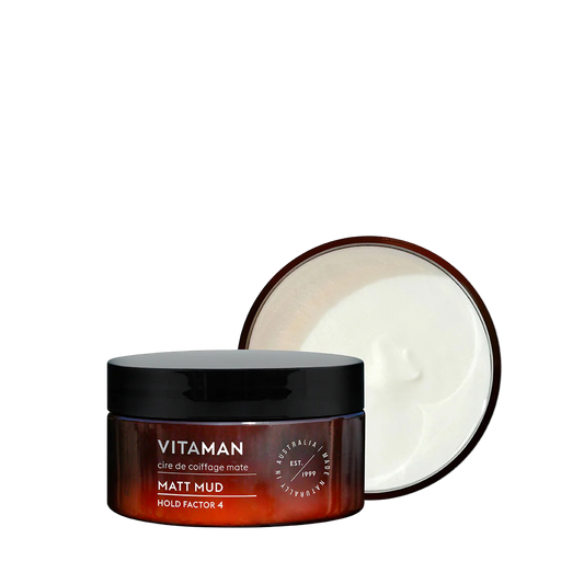 Vitaman Matt Mud hair product jar with open lid