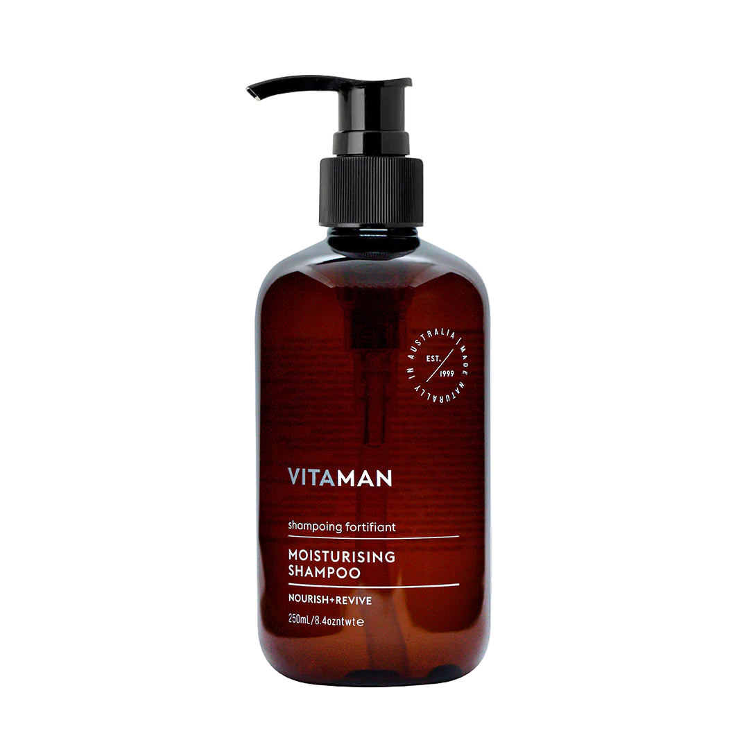 Brown shampoo bottle with pump labeled 'VITAMAN'