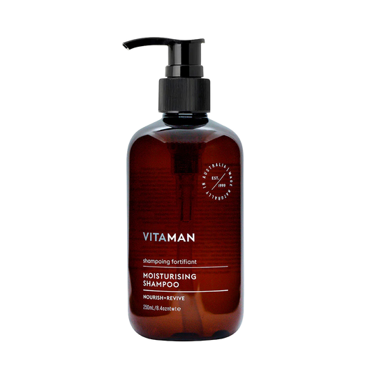 Brown shampoo bottle with pump labeled 'VITAMAN'