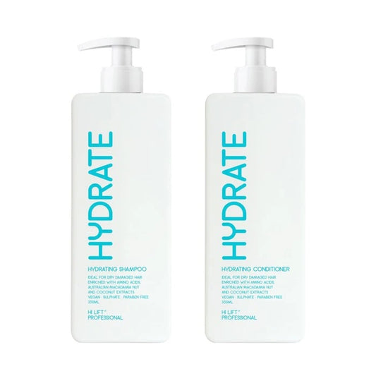 Two bottles of 'HYDRATE' shampoo and conditioner on a white background