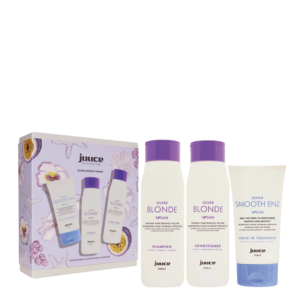 Trio Pack Box and three white Juuce labelled hair product bottles