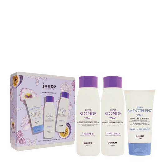 Trio Pack Box and three white Juuce labelled hair product bottles