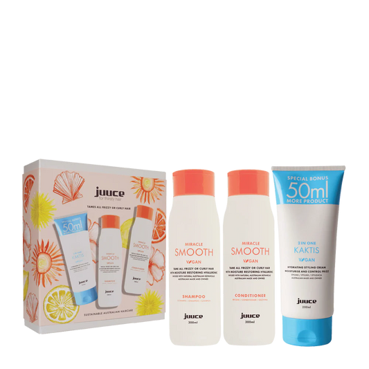 Juice hair care product set with shampoo, conditioner, and body wash on a white background