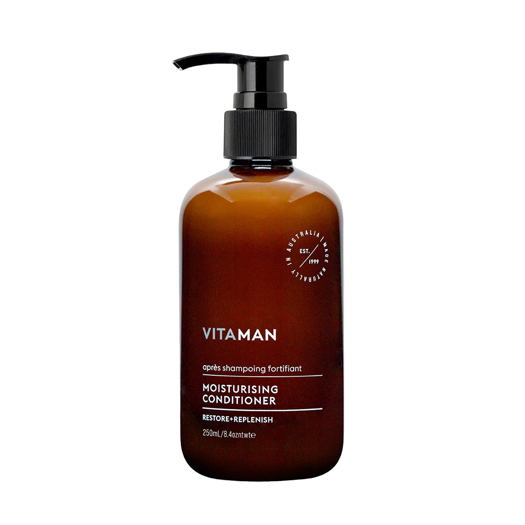 Brown conditioner bottle with pump labeled 'VITAMAN' 