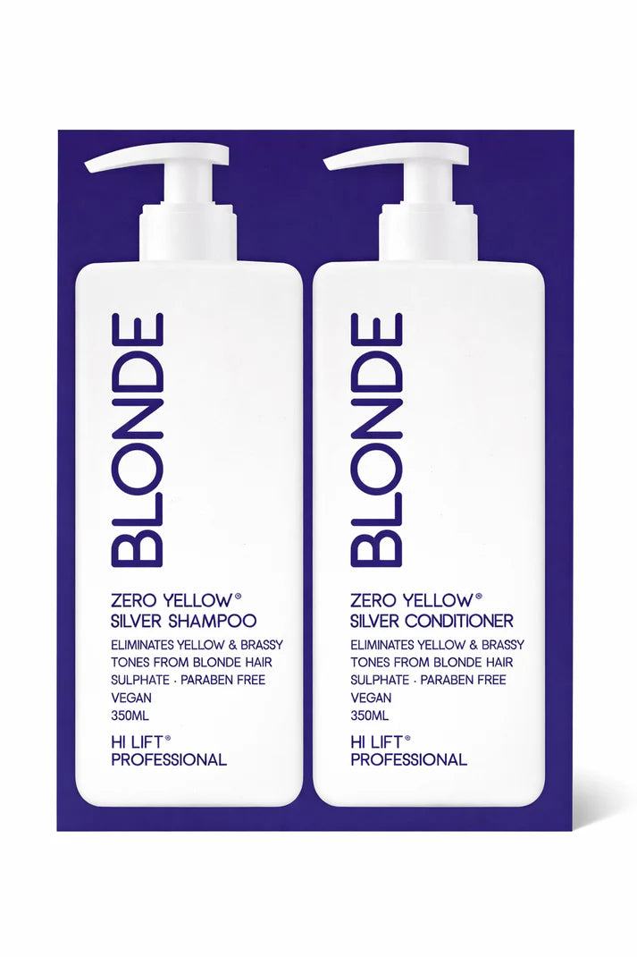 Two bottles of Blonde Zero Yellow Silver Shampoo and Conditioner on a purple background