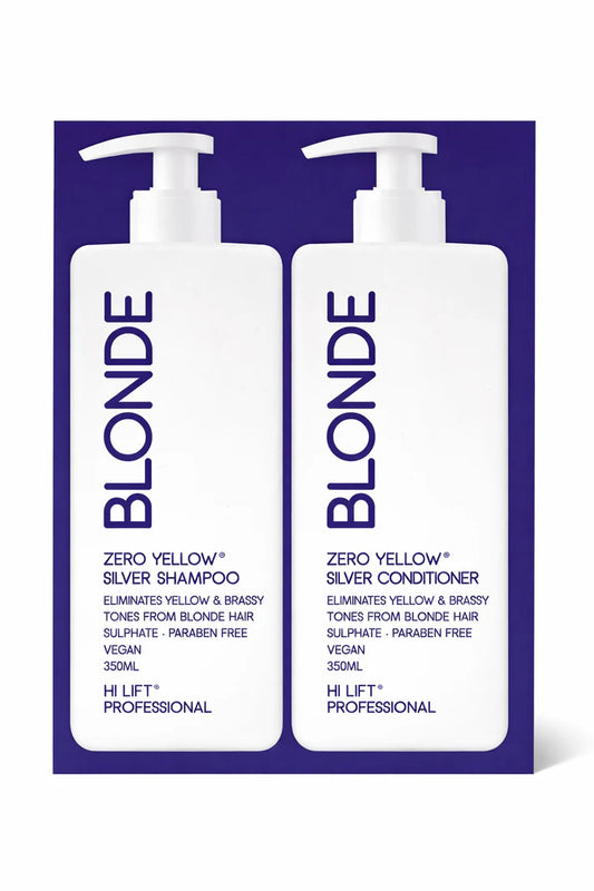 Two bottles of Blonde Zero Yellow Silver Shampoo and Conditioner on a purple background