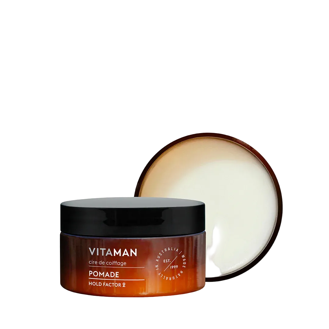 Jar of Vitaman pomade with open lid