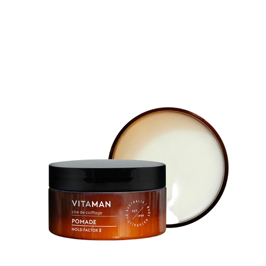Jar of Vitaman pomade with open lid