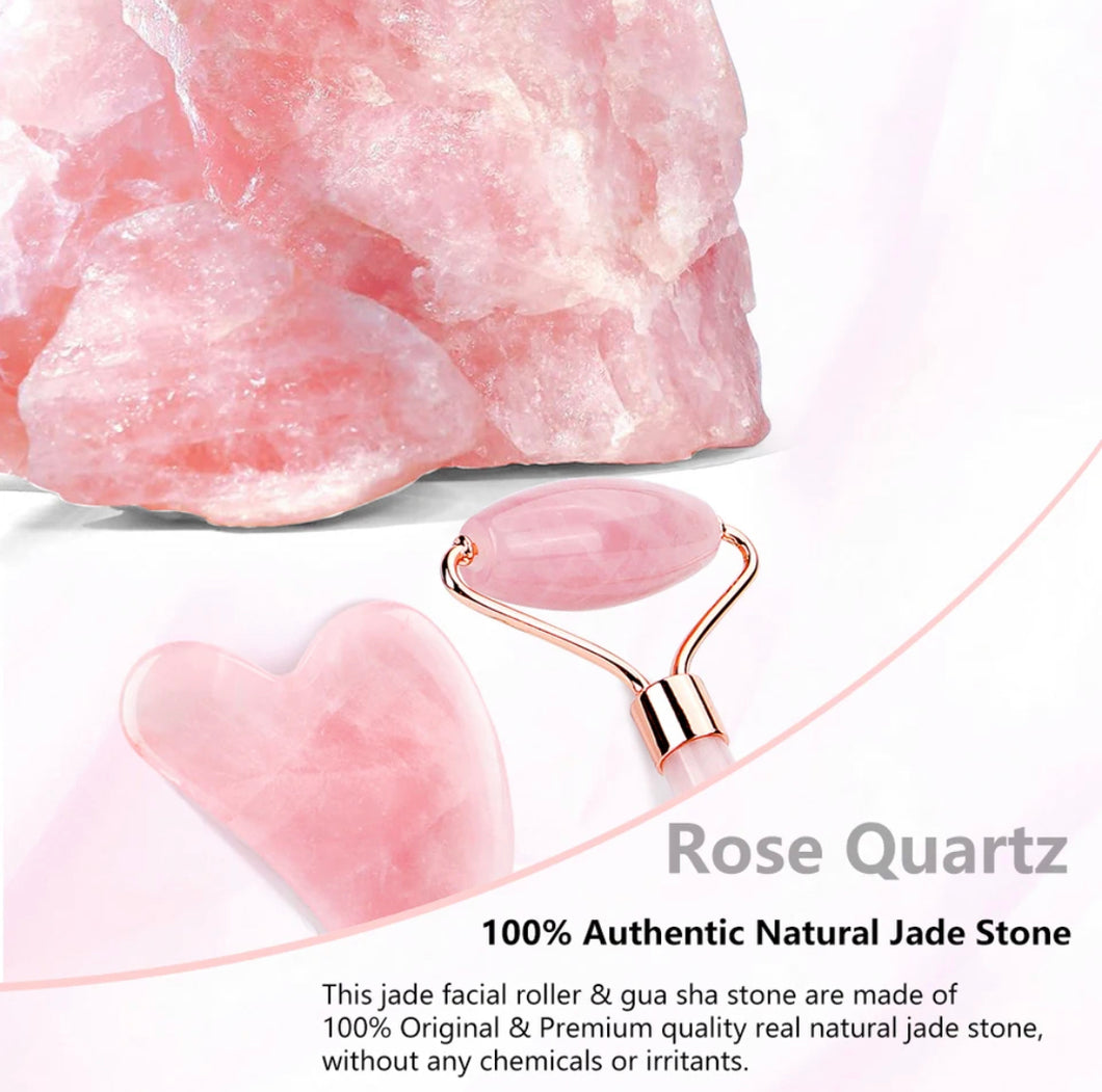 Natural Rose Quartz Jade Roller Gua Sha Set